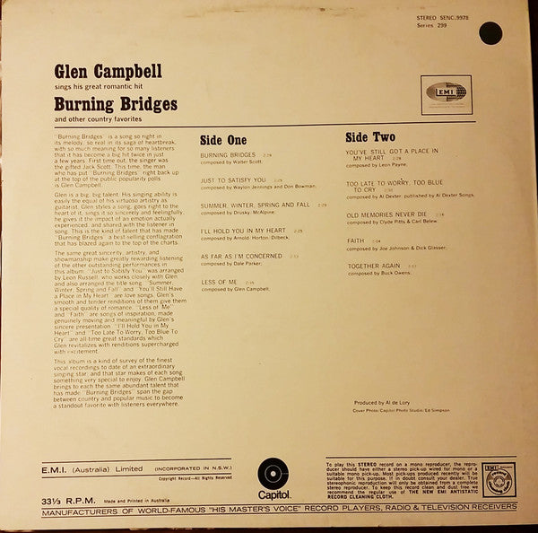 Glen Campbell : Burning Bridges (LP, Album, RE)
