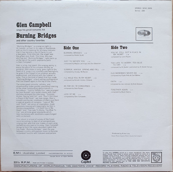 Glen Campbell : Burning Bridges (LP, Album, RE)