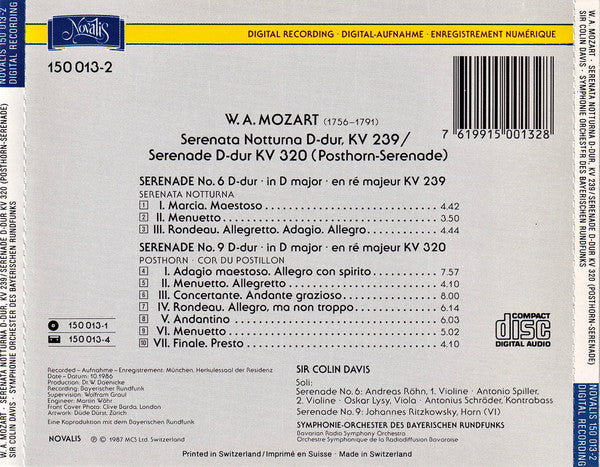 Mozart*, Colin Davis*, Bavarian Radio Symphony Orchestra* : Serenata Notturna D-Dur, KV 239 / Serenade D-Dur KV 320 (Posthorn-Serenade) (CD, Album)