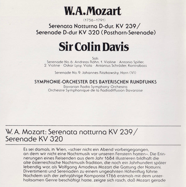Mozart*, Colin Davis*, Bavarian Radio Symphony Orchestra* : Serenata Notturna D-Dur, KV 239 / Serenade D-Dur KV 320 (Posthorn-Serenade) (CD, Album)