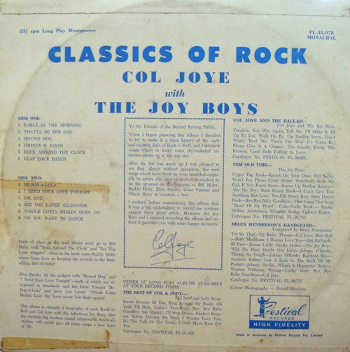 Col Joye And The Joy Boys : Classics Of Rock (LP, Album)