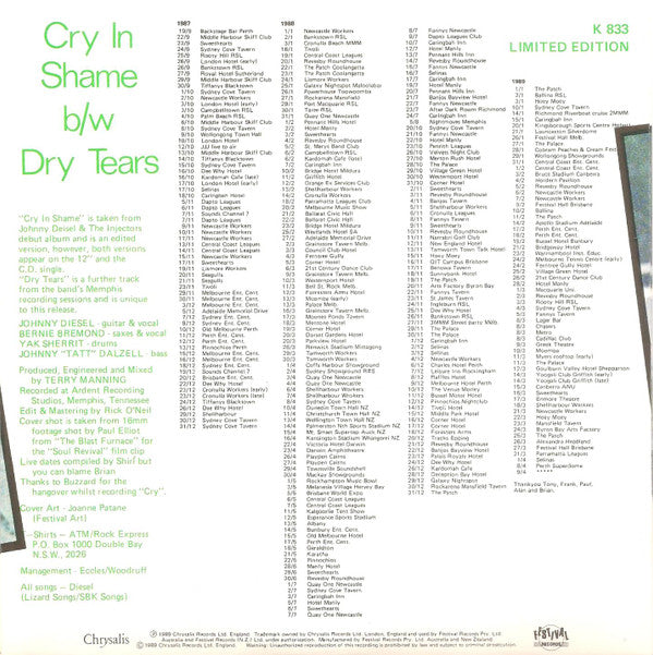Johnny Diesel & The Injectors : Cry In Shame (7", Single, Ltd)