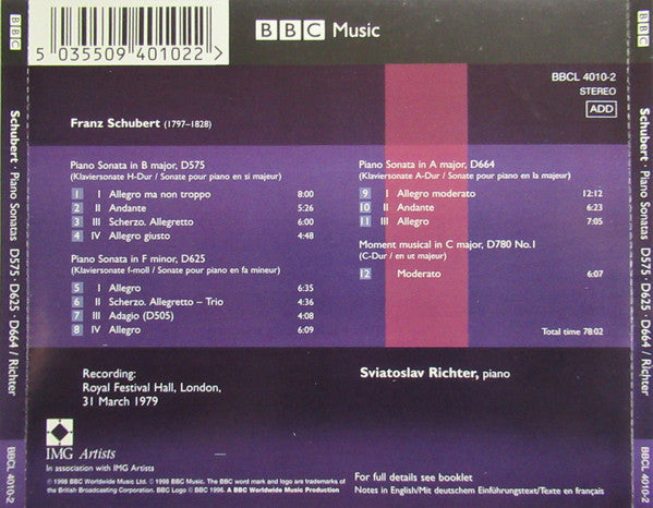 Richter*, Schubert* : Piano Sonatas, D575, D625, D664 / Moment Musical, D780 No.1 (CD)