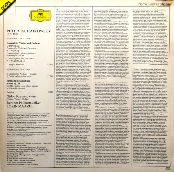 Peter Tschaikowsky*, Gidon Kremer, Berliner Philharmoniker, Lorin Maazel : Violinkonzert, Sérénade Mélancolique (LP)