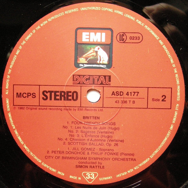 Britten* - Jill Gomez, Peter Donohoe & Philip Fowke, City Of Birmingham Symphony Orchestra, Simon Rattle* : Young Apollo / Canadian Carnival / Four French Songs / Scottish Ballad (LP)