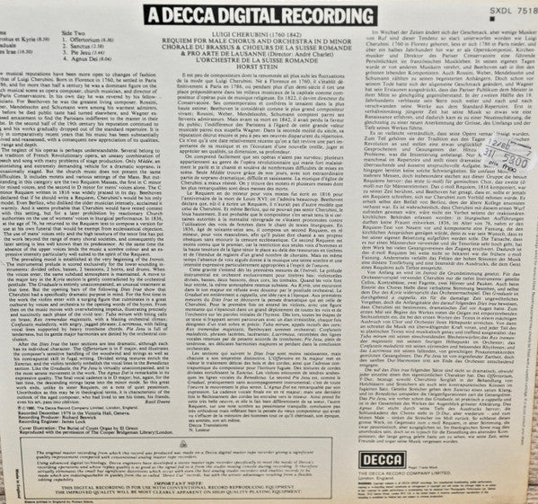 Luigi Cherubini - Chorale Du Brassus & Choeurs De La Radio Suisse Romande*, Choeurs Pro Arte De Lausanne*, L'Orchestre De La Suisse Romande, Horst Stein : Requiem In D Minor For Male Chorus And Orchestra (LP, Album, DIG)