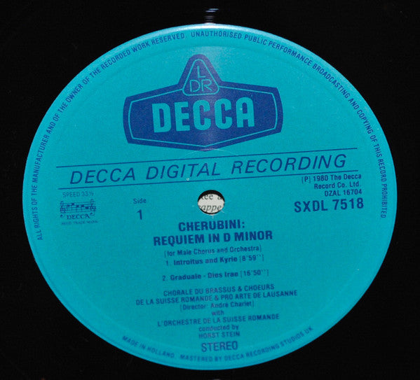 Luigi Cherubini - Chorale Du Brassus & Choeurs De La Radio Suisse Romande*, Choeurs Pro Arte De Lausanne*, L'Orchestre De La Suisse Romande, Horst Stein : Requiem In D Minor For Male Chorus And Orchestra (LP, Album, DIG)
