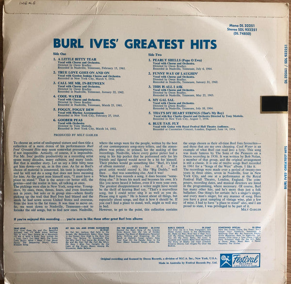 Burl Ives : Burl Ives' Greatest Hits! (LP, Comp)