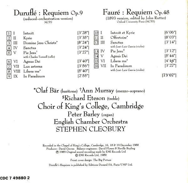 Fauré* / Duruflé* / Choir Of King's College, Cambridge*, Olaf Bär, Ann Murray, Richard Eteson, Peter Barley, English Chamber Orchestra, Stephen Cleobury : Requiems (CD, RE)