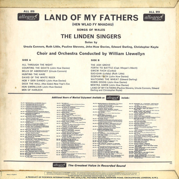 The Linden Singers : Land Of My Fathers (Hen Wlad Fy Nhadau) - Songs Of Wales (LP, Album, Bla)