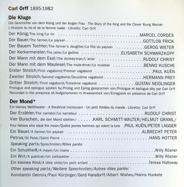 Carl Orff, Wolfgang Sawallisch, Philharmonia Orchestra : Die Kluge Der Mond (2xCD, Comp, RE, RM)
