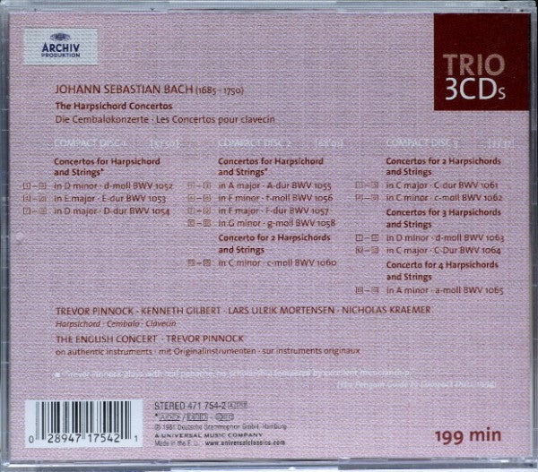 Johann Sebastian Bach, Trevor Pinnock, Kenneth Gilbert, Nicholas Kraemer, Lars Ulrik Mortensen, The English Concert : Complete Harpsichord Concertos (3xCD, Comp, RE)
