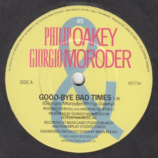 Philip Oakey & Giorgio Moroder : Good-Bye Bad Times (7", Single)