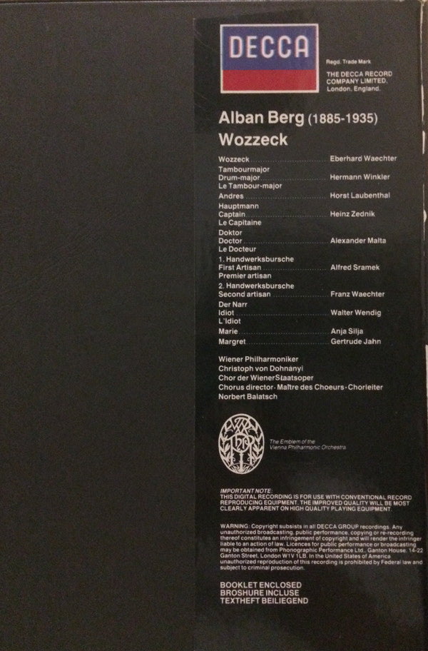 Alban Berg, Eberhard Wächter, Anja Silja, Wiener Philharmoniker, Christoph von Dohnányi : Wozzeck (2xLP, Album + Box)