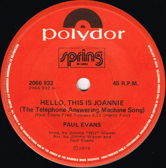 Paul Evans : Hello, This Is Joannie (The Telephone Answering Machine Song) (7", Single)