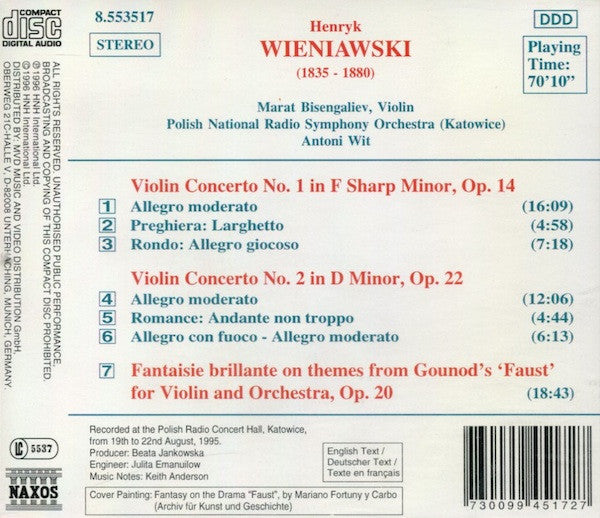 Wieniawski*, Marat Bisengaliev, Polish National Radio Symphony Orchestra (Katowice)*, Antoni Wit : Violin Concertos Nos. 1 And 2 / Faust Fantasy (CD, Album)