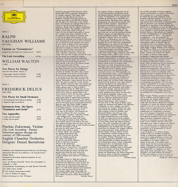 Ralph Vaughan Williams • Sir William Walton • Frederick Delius - Pinchas Zukerman • English Chamber Orchestra • Daniel Barenboim : Greensleeves (LP, Album)
