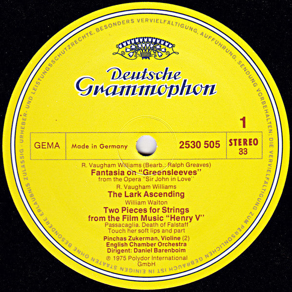 Ralph Vaughan Williams • Sir William Walton • Frederick Delius - Pinchas Zukerman • English Chamber Orchestra • Daniel Barenboim : Greensleeves (LP, Album)
