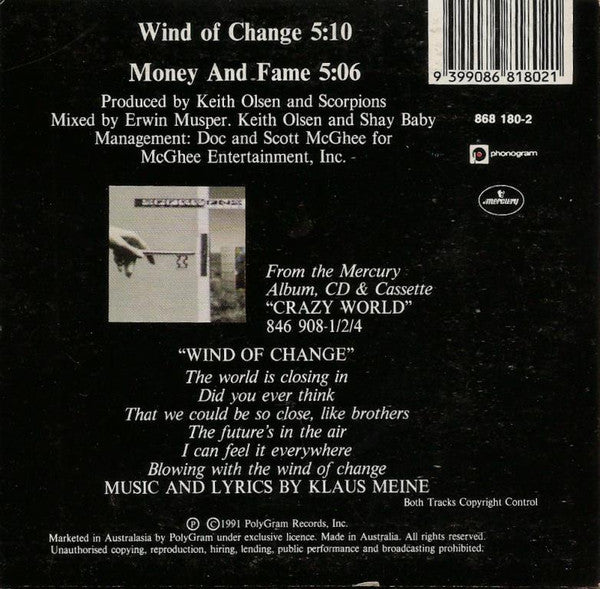 Scorpions : Wind Of Change (CD, Single, Car)