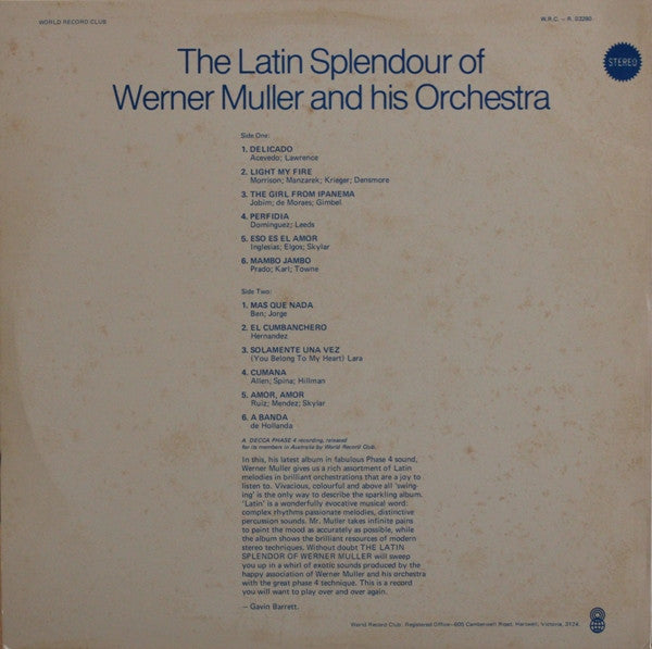 Werner Müller And His Orchestra* : The Latin Splendour Of Werner Müller And His Orchestra (LP, Album, Club, RE, Whi)