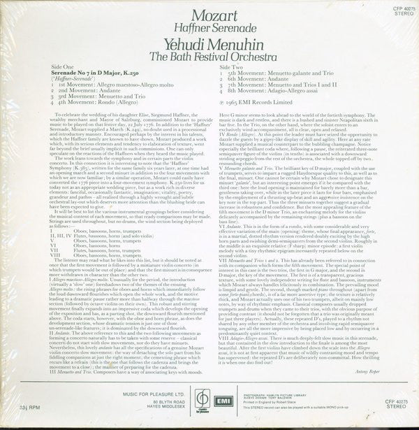 Mozart*, Yehudi Menuhin, The Bath Festival Orchestra* : Haffner Serenade (LP, RE)