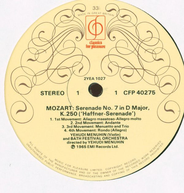 Wolfgang Amadeus Mozart, Yehudi Menuhin, Bath Festival Orchestra : Haffner Serenade (LP, RE)