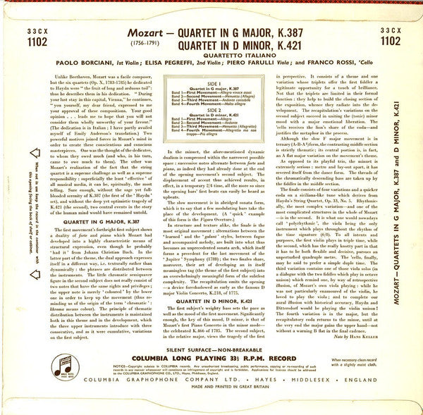 Mozart* - Quartetto Italiano : String Quartets G Major K. 387 And D Minor K. 421 (LP, Album, Mono)