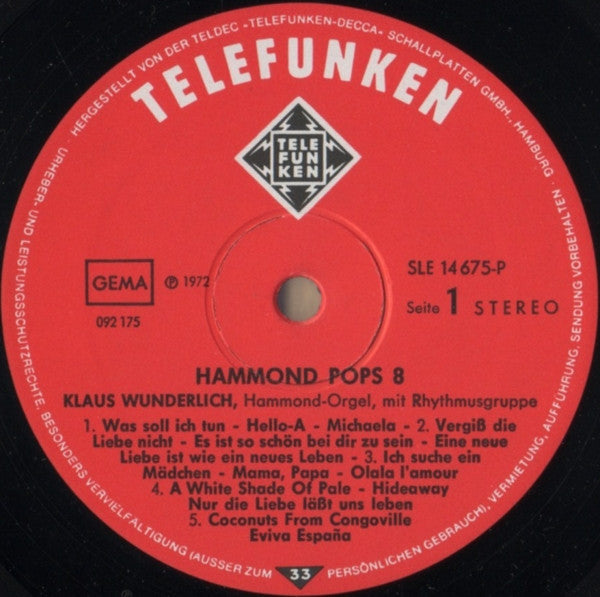 Klaus Wunderlich : Hammond Pops 8 (LP, Album)