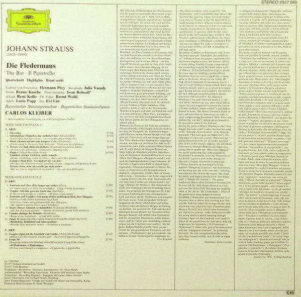 Johann Strauss* - Carlos Kleiber, Julia Varady*, Lucia Popp, Hermann Prey, Iwan Rebroff*, René Kollo, Bernd Weikl, Bayerisches Staatsorchester : Die Fledermaus / Querschnitt (LP, Album)
