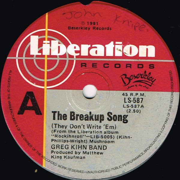 Greg Kihn Band : The Breakup Song (They Don't Write 'Em) (7", Single)