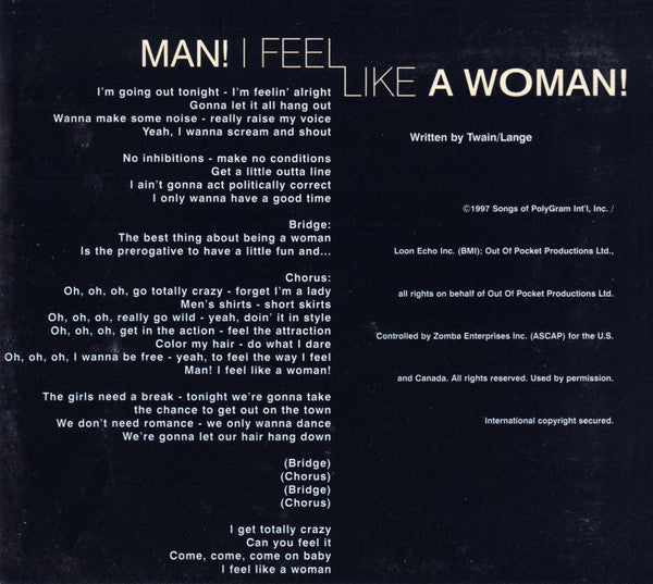 Shania Twain : Man! I Feel Like A Woman! (CD, Single, Enh, Dig)