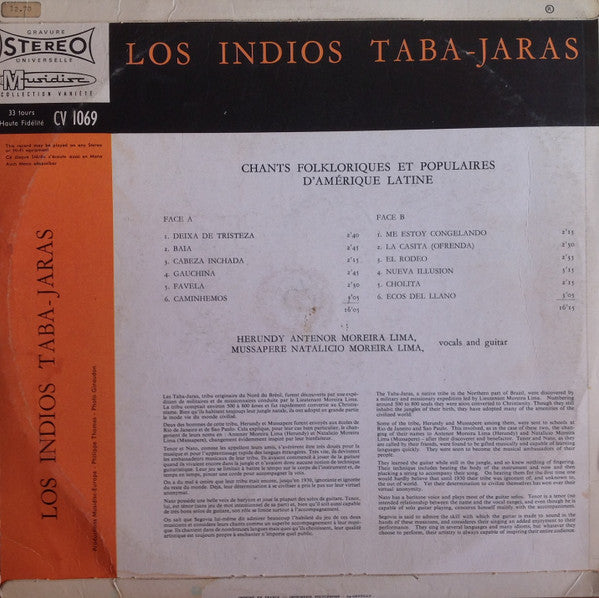 Los Indios Taba-Jaras* : Chants Folkloriques Et Populaires D'Amérique Latine (LP)
