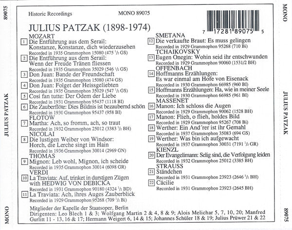 Julius Patzak : Lebendige Vergangenheit - Julius Patzak (CD, Comp, Mono)