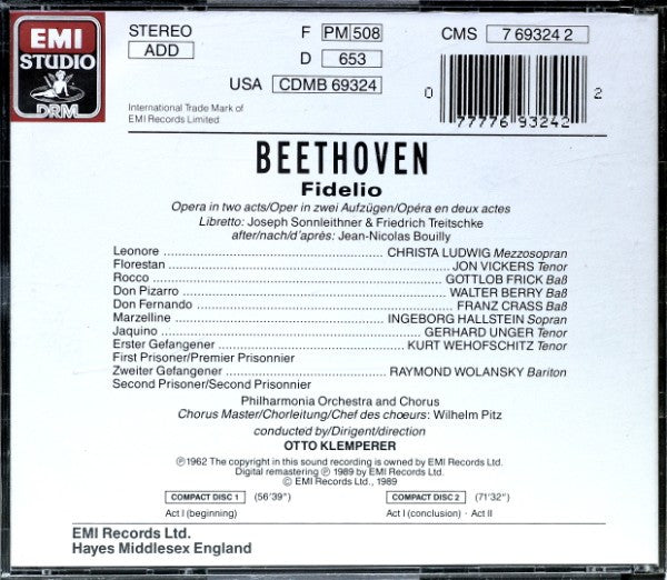 Ludwig van Beethoven - Otto Klemperer, Christa Ludwig, Jon Vickers, Gottlob Frick, Walter Berry, Philharmonia Chorus, Philharmonia Orchestra : Fidelio (2xCD, RM)