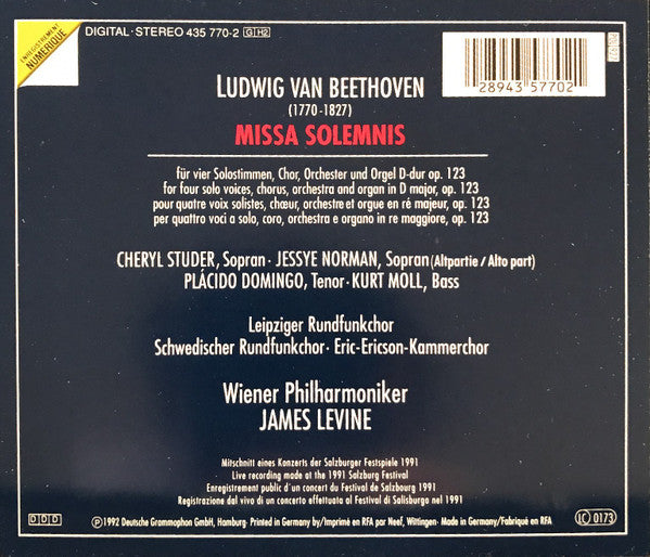 Ludwig van Beethoven - Cheryl Studer, Jessye Norman, Placido Domingo, Kurt Moll, Rundfunkchor Leipzig, Radiokören, Eric Ericsons Kammarkör, Wiener Philharmoniker, James Levine (2) : Missa Solemnis (2xCD, Album)