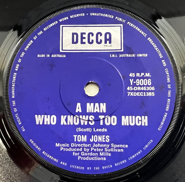 Tom Jones : Without Love  (7", Single)
