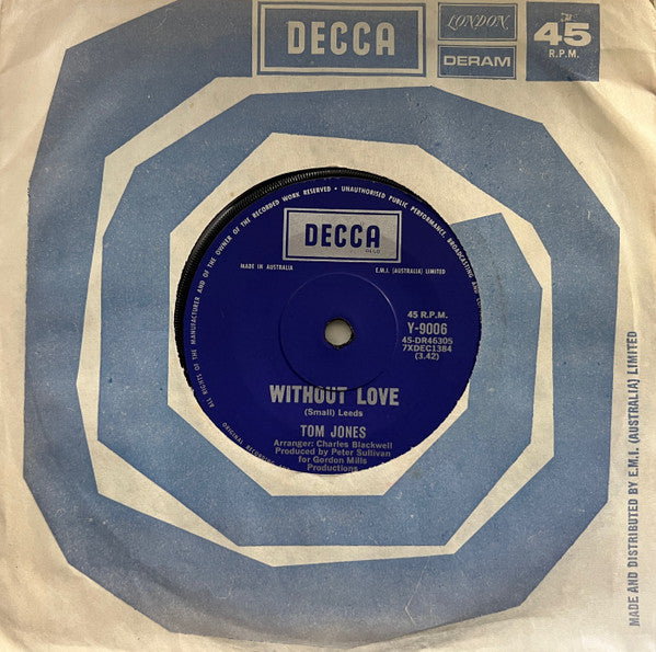 Tom Jones : Without Love  (7", Single)