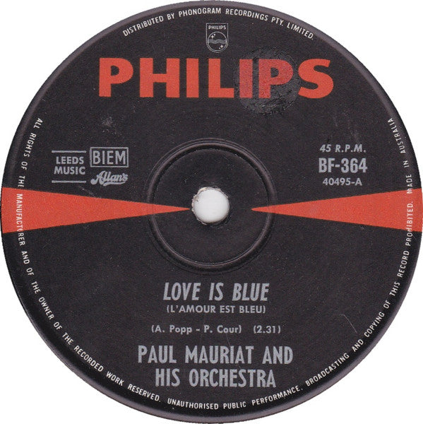 Paul Mauriat And His Orchestra : Love Is Blue (L'Amour Est Bleu) (7", Single, RP, Thi)