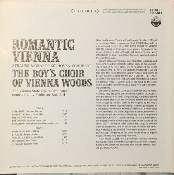 Die Sängerknaben Vom Wienerwald, Orchester Der Wiener Staatsoper Conducted By Karl Etti : Romantic Vienna (LP)