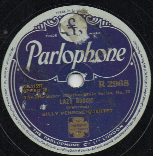 Billy Penrose Quartet : Boogie In The Groove / Lazy Boogie (Shellac, 10")