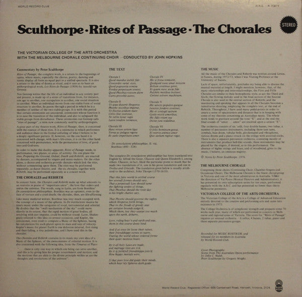Peter Sculthorpe, John Hopkins (11), Victorian College Of The Arts Orchestra, Melbourne Chorale : Rites Of Passage - The Chorales (LP, Album, Club)