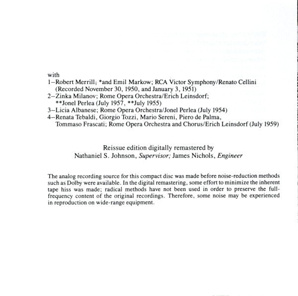 Jussi Bjoerling*, Robert Merrill, Zinka Milanov, Licia Albanese, Renata Tebaldi : The Pearl Fishers Duet (CD, Comp, RE, RM)