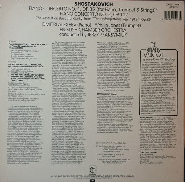 Dmitri Shostakovich, Dmitri Alexeev, Philip Jones, English Chamber Orchestra, Jerzy Maksymiuk : Piano Concerto No.1, Op.35 (For Piano, Trumpet & Strings) / Piano Concerto No.2, Op.102 / The Assault On Beautiful Gorky From "The Unforgettable Year 1919", Op.89 (LP, Album)
