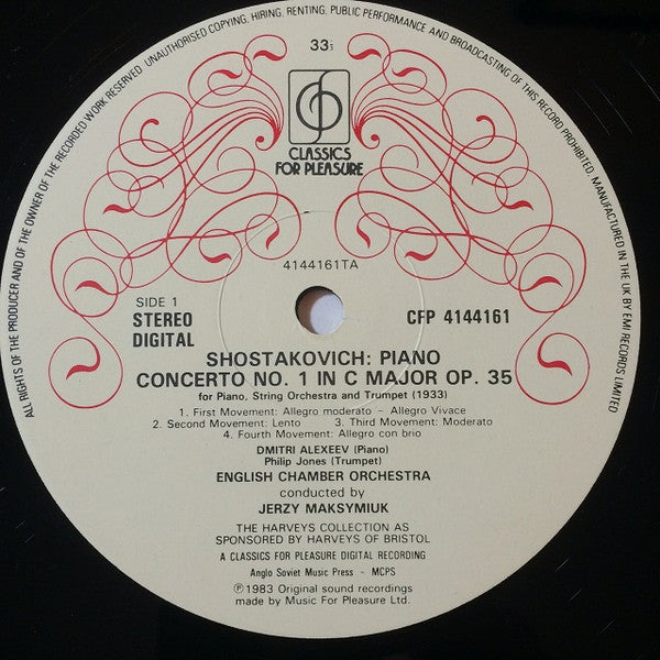 Dmitri Shostakovich, Dmitri Alexeev, Philip Jones, English Chamber Orchestra, Jerzy Maksymiuk : Piano Concerto No.1, Op.35 (For Piano, Trumpet & Strings) / Piano Concerto No.2, Op.102 / The Assault On Beautiful Gorky From "The Unforgettable Year 1919", Op.89 (LP, Album)