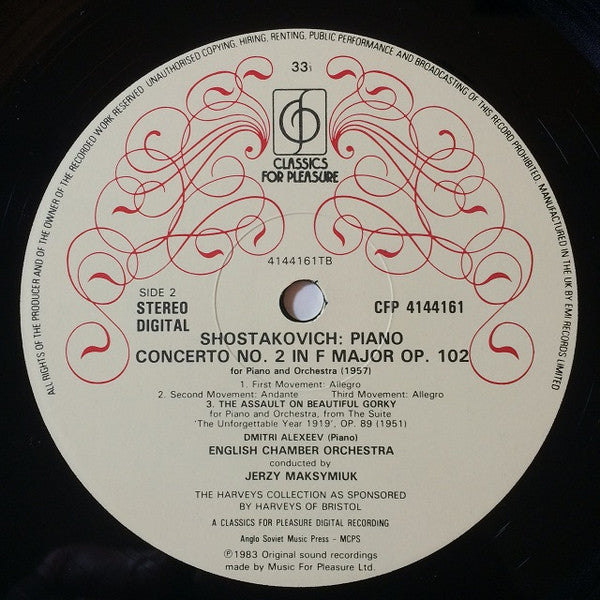 Dmitri Shostakovich, Dmitri Alexeev, Philip Jones, English Chamber Orchestra, Jerzy Maksymiuk : Piano Concerto No.1, Op.35 (For Piano, Trumpet & Strings) / Piano Concerto No.2, Op.102 / The Assault On Beautiful Gorky From "The Unforgettable Year 1919", Op.89 (LP, Album)