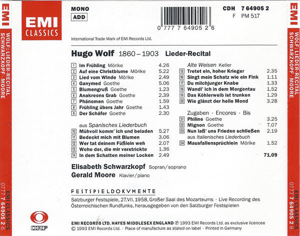 Wolf*, Elisabeth Schwarzkopf, Gerald Moore : Lieder - Recital (CD)