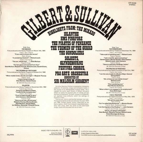 Gilbert & Sullivan - Glyndebourne Festival Chorus, Pro Arte Orchestra Of London Conducted By Sir Malcolm Sargent : Highlights From: The Mikado, Iolanthe, The Pirates Of Penzance, HMS Pinafore, The Gondoliers (LP, Comp)
