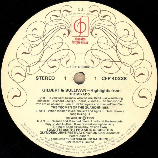 Gilbert & Sullivan - Glyndebourne Festival Chorus, Pro Arte Orchestra Of London Conducted By Sir Malcolm Sargent : Highlights From: The Mikado, Iolanthe, The Pirates Of Penzance, HMS Pinafore, The Gondoliers (LP, Comp)