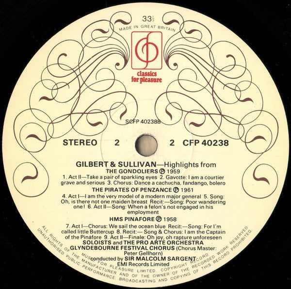 Gilbert & Sullivan - Glyndebourne Festival Chorus, Pro Arte Orchestra Of London Conducted By Sir Malcolm Sargent : Highlights From: The Mikado, Iolanthe, The Pirates Of Penzance, HMS Pinafore, The Gondoliers (LP, Comp)