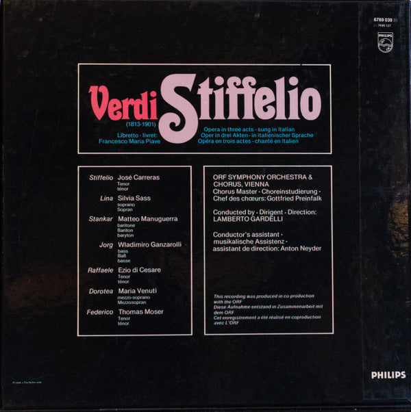 Verdi* / José Carreras, Sylvia Sass, Matteo Manuguerra, Wladimiro Ganzarolli, Ezio Di Cesare, Maria Venuti, Thomas Moser / ORF Symphony Orchestra* And Chorus*, Lamberto Gardelli : Stiffelio (2xLP + Box, Album)